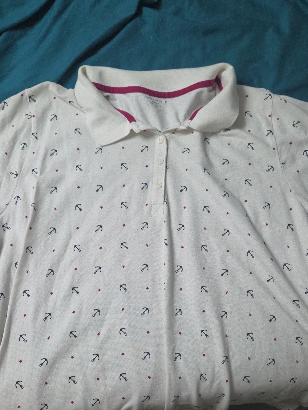 Women White Polo Shirt with Navy Anchor & Pink Star Print 3x